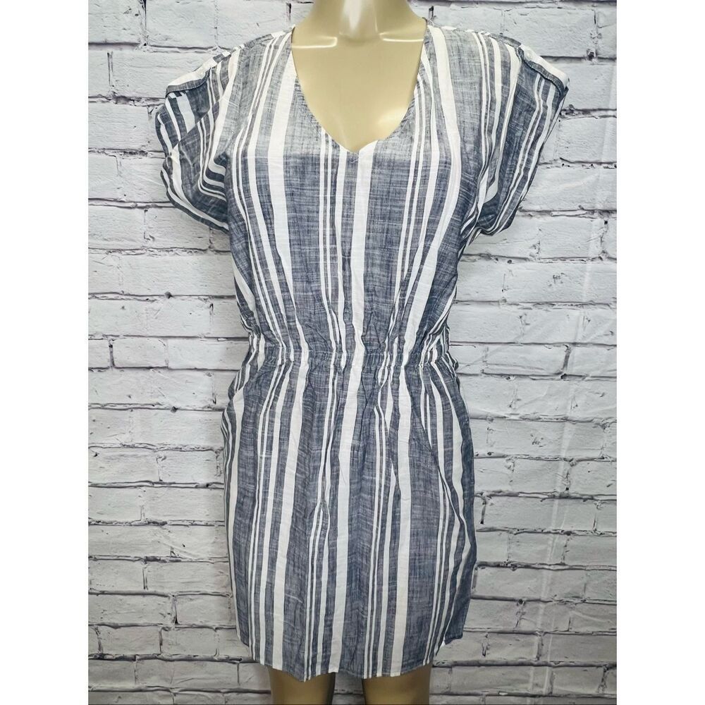 J. Crew Womens Blue White Striped V-Neck Cotton Elastic Waist Dress Size Small